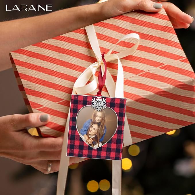 Laraine Christmas Tree Ornaments 3 Pieces – Decorative Hanging 2025 Plaid Pendant with 2.5” Picture Frame Insert Pet Holiday Keepsake Gift (Plaid-Red&Black (2025))