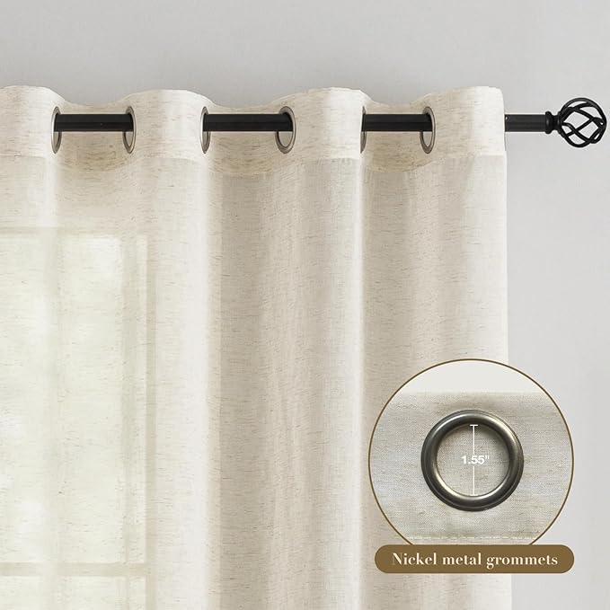 Anmao Flax Linen Curtains for Living Room 90 Inch Length 2 Panels Set, Light Filtering Sheer Window Curtain Drapes for Bedroom with Nickel Grommet, 52 Inch Wide Each Panel, Natural Color