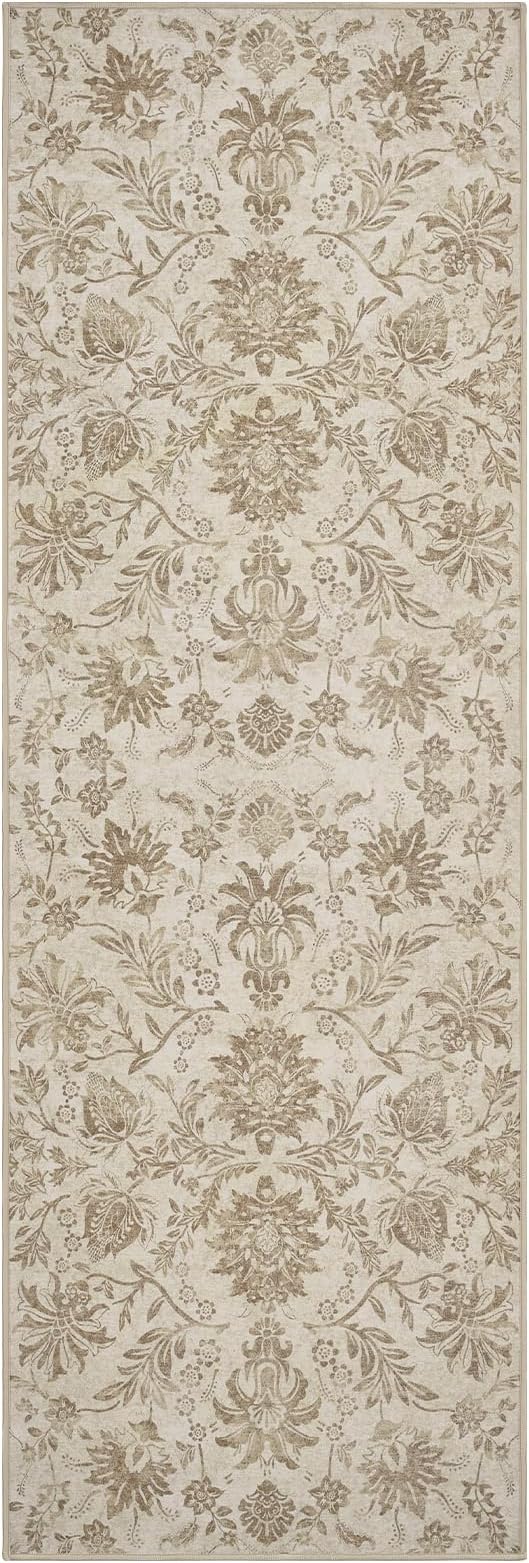 jinchan Torino Runner Rugs 3x8, Vintage-Inspired Floral Neutral Design Machine Washable Non-Slip Ultra-Thin Low-Pile Rubber Backing Traditional Rug for Kitchen Hallway Laundry Room Entryway Taupe