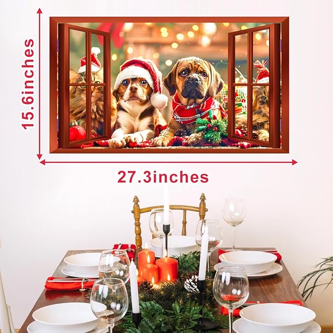 Christmas Dog Wall Stickers Decor 3D Fake Window Wall Decal Mural Christmas Cat Xmas Puppy Dog Decals Holiday Wall Sticker Animal Fake Window Wall Stickers Party Decorations