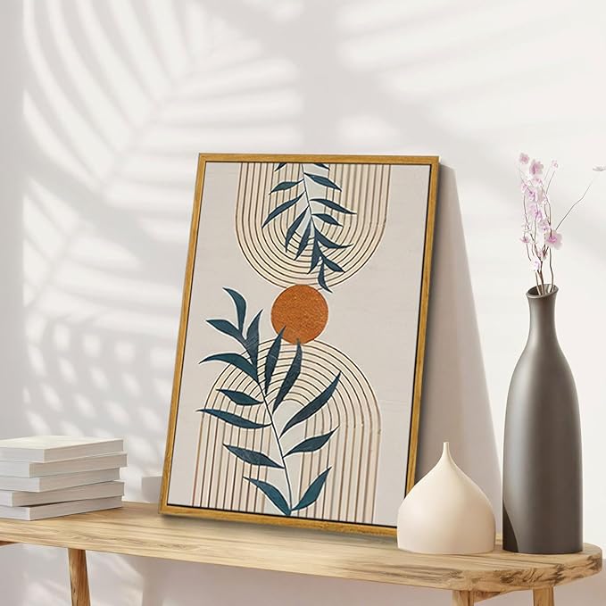 Bwodke Boho Wall Art, Framed Abstract Wall Art, botanical Neutral Canvas Wall Decor, Large Mid Century Plant Pictures Set of 3, Modern Minimalist Paintings ,for Bedroom Living Room Bathroom