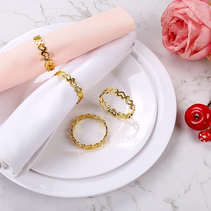 Heart Napkin Rings Set of 6, Gold Valentine's Day Napkin Rings, Love Metal Napkin Rings Holders for Valentine's Day, Mother's Day, Wedding, Anniversary Dinners, Parties Table Decoration