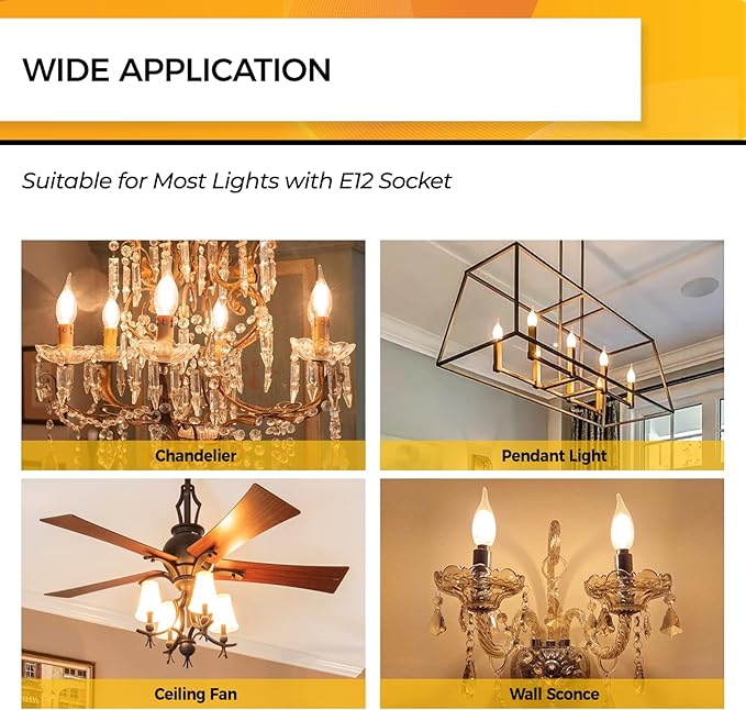 Hizashi E12 LED Bulb 40W Equivalent Candelabra Bulbs Dimmable 2700K Warm White, 90+ CRI Chandelier Light Bulbs, 4W 450LM Flame Tip CA10 Candle Light Bulbs, UL Listed - 24 Pack