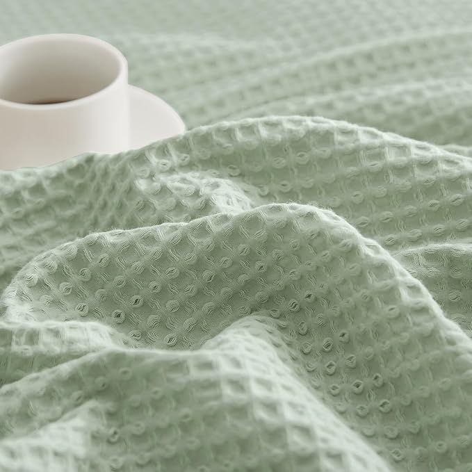 PHF Pre-Washed Cotton Waffle Weave Blanket Throw Size for Couch Bed,Snag Proof Spring Summer,Lightweight Breathable,Oeko-TEX Certified,Machine Washable, Home Decor Gift,Sage Green