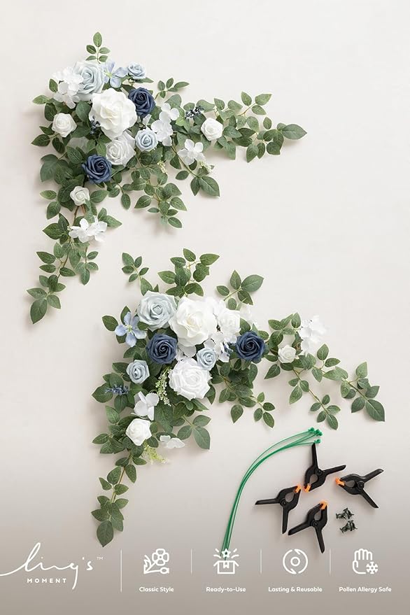 Ling's moment Dusty Blue Artificial Flower Garland Wedding Arch Flowers Floral Swags Table Centerpieces White Rose Arrangements for Sweetheart Table Easel Wall Entryway Board Backdrop Decor 2PCS