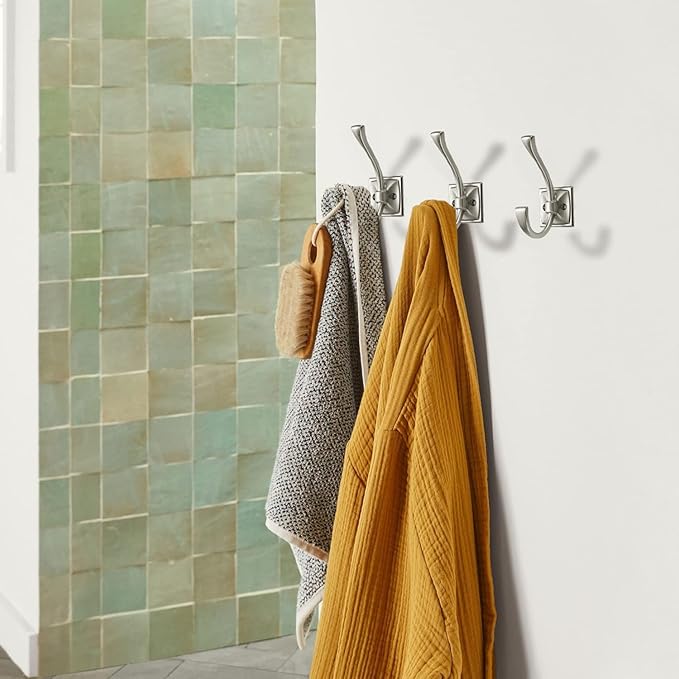 Large Wall Hook Pack, Brushed Satin Nickel, 4.35 Inch Double Robe and Coat Hooks, Towel and Bag Hangers, Wall Mounted with Screws