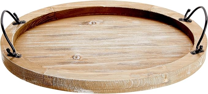 Farmlyn Creek Serving Tray for Coffee Table Decor - 15.8" x 10.8" x 1.3", Oval, Wood Color, Rustic - Decorative Wooden Tray with Handles - Farmhouse Table Decor