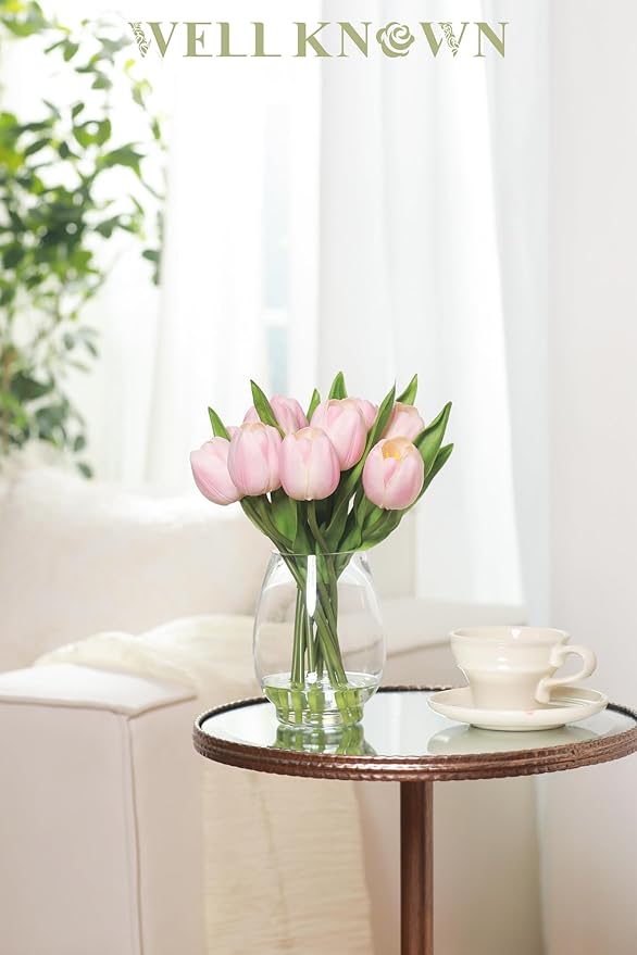 WELL KNOWN 12 Pcs Tulips Artificial Flowers in Vase, Real Touch Tulips with Vase with Upgrate Acrylic Water Flower Arrangements Centerpiece for Dining Room Table Decoration(Pink)
