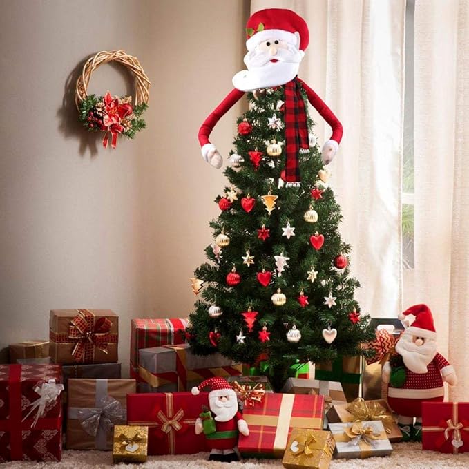 Large Christmas Tree Topper Hat Santa Claus with Buffalo Plaid Scarf for Holiday, Xmas Trees Ornament Christmas Decorations Party Supplies