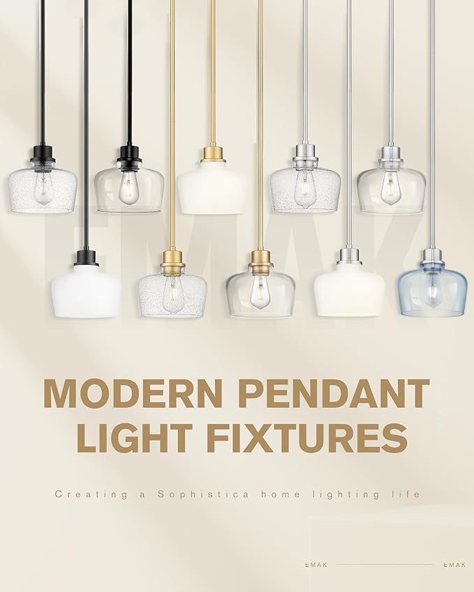 Emak 8 Inch Pendant Lights Kitchen Island, Modern Brushed Nickel Pendant Light Fixtures with Seeded Glass Shade, 1 Light Hanging Light for Kitchen Island, Dining Room, Bathroom, Bedroom, PL122-BN