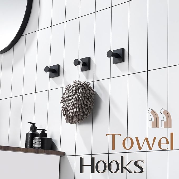 KOKOSIRI Black Hooks for Hanging Bath Towels Bathroom Shower Hook Holder Kitchen Bathroom Accessories Wall Mounted Stainless Steel 3 Pack, B1016BK-P3