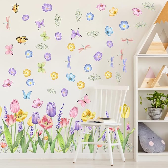 Eersida 6 Sheets Spring Wall Stickers Flower Decals Lavender Tulip Butterfly Spring Flower Wall Clings Art Garden Decorations for Living Room Bedroom Home
