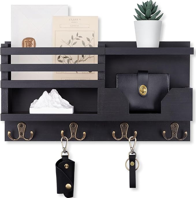 Mail and Key Holder for Wall – Decorative 15.9” x 8.7” x 3.2” Entryway Organizer with Shelf – Paulownia Wood with 4 Dual Hooks Includes Mounting Hardware and Installation Guide