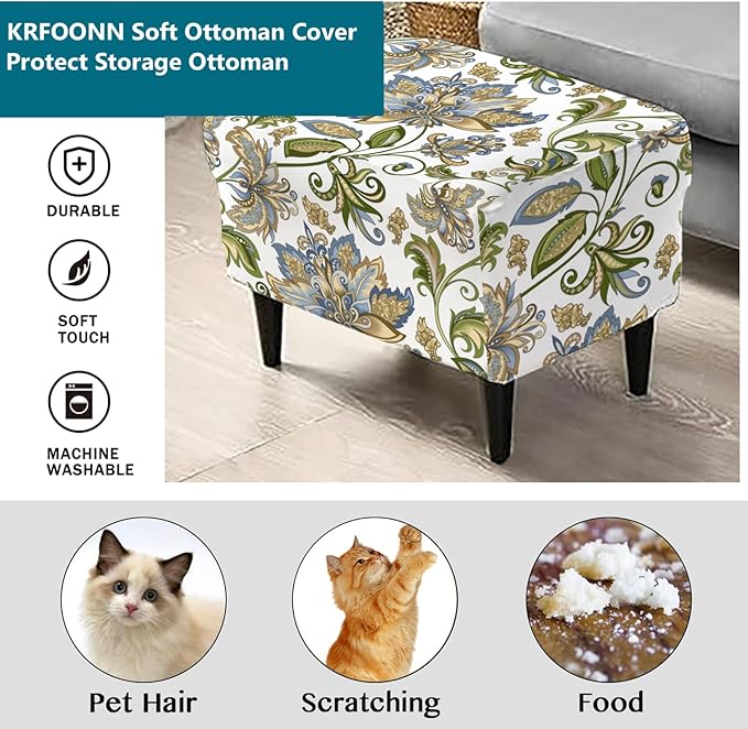 KRFOONN Stretch Ottoman Cover Slipcovers Rectangle Fit Length 55"-63" Footrest Stool Covers Printed Ottoman Cover for Foot Stool Furniture Protector with Non Slip Elastic Bottom, Color 18
