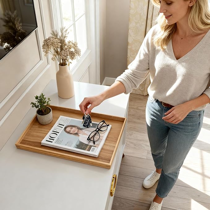SimpleArt Acacia Wood Serving Tray:Square Wooden Tray for Coffee Table,Large Serving Trays Platter for Breakfast in Bed, Dinner,Rectangular Tray for Living Room Bedroom Entryway and Kitchen