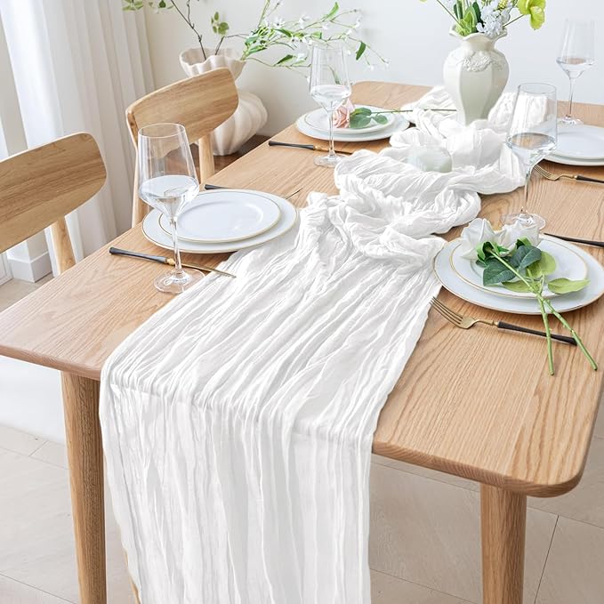 2PCS Table Runner Cheesecloth 10FT Ivory Boho Gauze Cheese Cloth Rustic Sheer Table Runners for Wedding Bridal Baby Shower Party Decoration