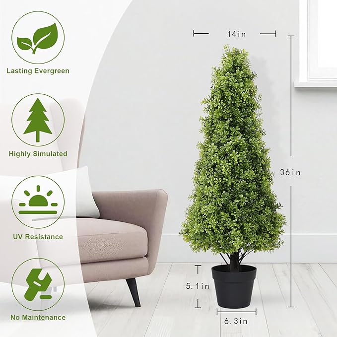 3ft Artificial Boxwood Topiary Trees, 36‘’ UV Resistant Faux Plants for Outdoor Planter, Tall Fake Bushes and Shrubs for Front Porch Decor, Set of 2