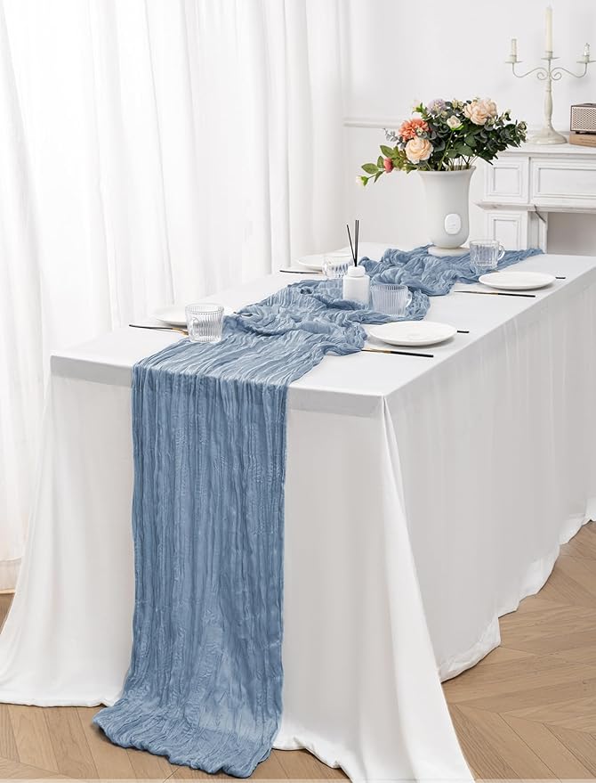 10 Pack Dusty Blue Cheesecloth Table Runner,10FT/120 Inch Boho Gauze Fabric Table Runner,Rustic Sheer Blue Cheese Cloth Runner Bulk for Wedding,Bridal Baby Shower,Birthday Party,Holiday Table Decor