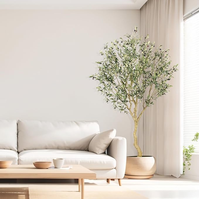 Realead 7FT Olive Trees Artificial Indoor - Tall Faux Olive Tree 7 Feet with Realistic Leaves and Natural Wood Trunk - Potted Fake Olive Tree for Modern Home Office Living Room Floor Decor Indoor