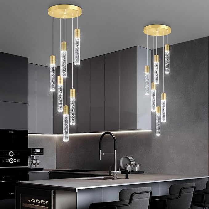 6-Lights Modern Crystal Chandeliers for Dining Room Kitchen Island Crystal Pendants Light Fixture High Ceiling Hanging for Entryway Bedroom Foyer 6000K