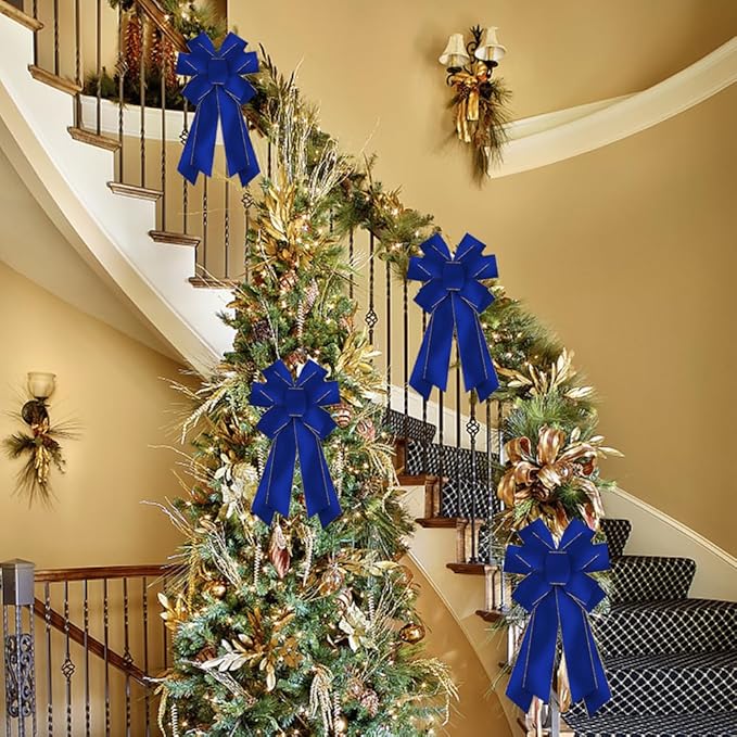 Large Christmas Wreath Bows, Royalblue Prussian Blue Gold Velvet Ribbon Bows for Wreath, Large Tree Topper Burlap Bows for Christmas Home Indoor Outdoor Xmas Party Decoration Wreath Ornament Supplies