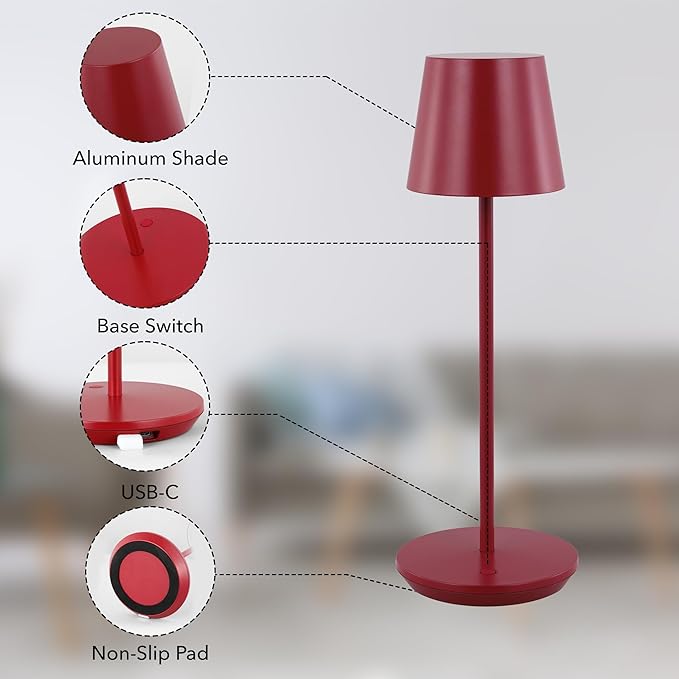 Generation Lighting Mena Accent Rechargeable Table Lamp – 14.5” Dark Red Steel Lamp with 3-Way Base Switch, 2.4W Up/Down LED at 2700K, 260 Lumens, USB-C, Wet Rated (8000701-211)