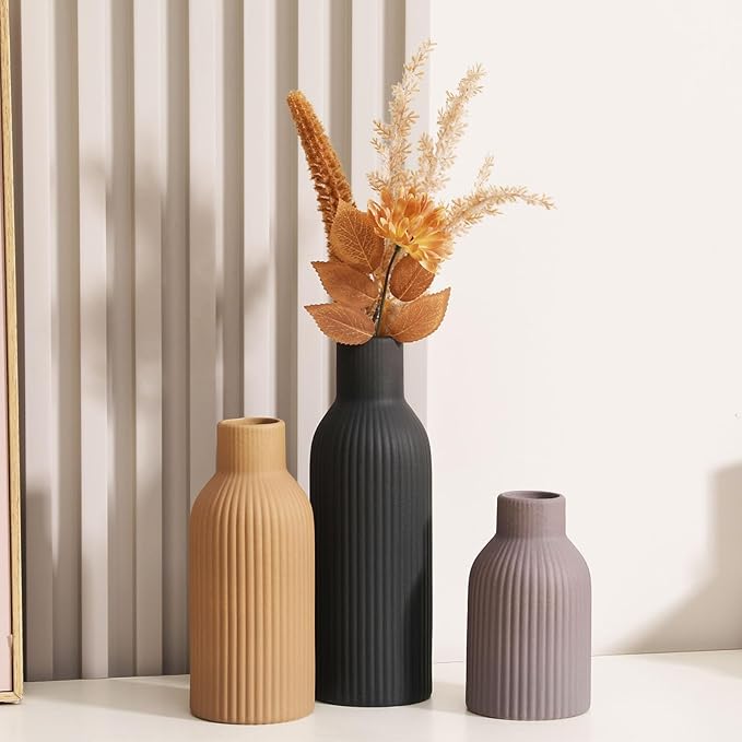 Ceramic Vase Set of 3 - Handcrafted Ceramic Vases for Home Decor & Shelf - Modern Farmhouse Decor for Kitchen, Office, Bedroom & Living Room Decorative Objects for Mantel, Table Centerpieces