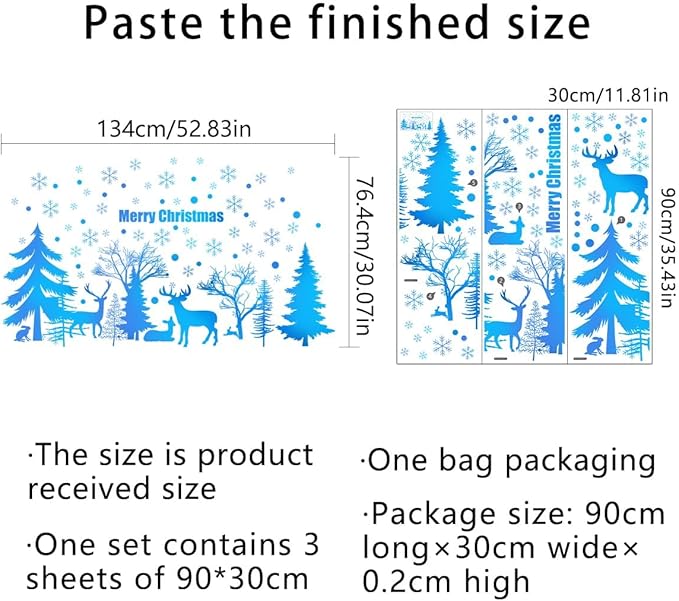 52.87x30.07 Inch Blue Merry Christmas Tree Deer Snowflake Wall Sticker - Removable Forest Animals Art Wall Sticker for Christmas Party Supplies Home Decor