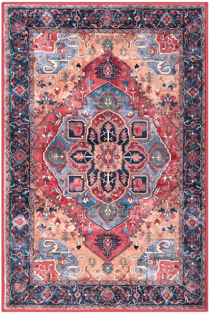 3x5 Washable Area Rug for Entryway, Red Soft Boho Rug with Non-Slip, Low-Pile Vintage Floor Area Rugs for Living Room Bedroom Dining, Dorm Carpet with Non-Shedding