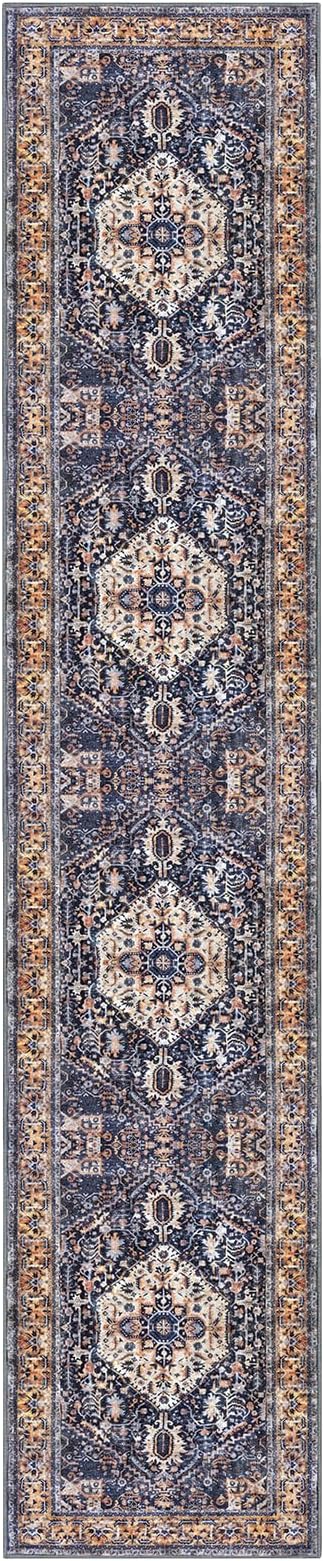 KOZYFLY Runners for Hallways 2.6x12 Ft Extra Long Washable Kitchen Boho Runner Rug for Entryway Indoor Gold Navy Printed Faux Wool Stair Runner Floor Carpet Runner for Stair Kitchen Hall