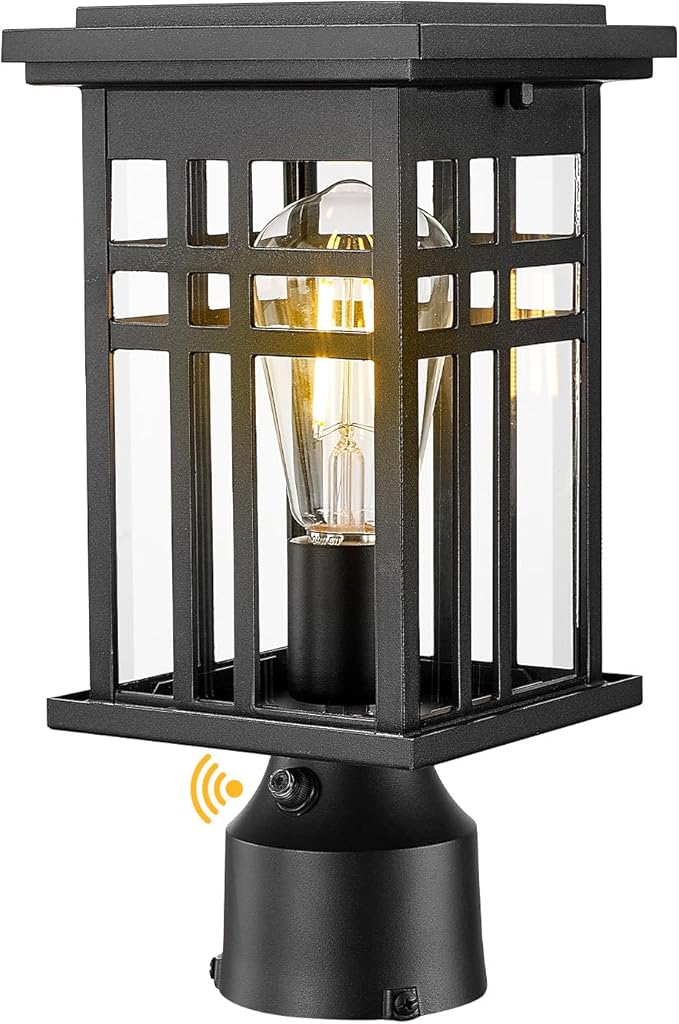 HWH INVESTMENT Outdoor Post Lantern Dusk to Dawn, Patio Pole Lamp Post for Yard Garden, Waterproof Exterior Lamp Post Lantern with Photocell Sensor, Clear Glass, 5HD36P PC BK