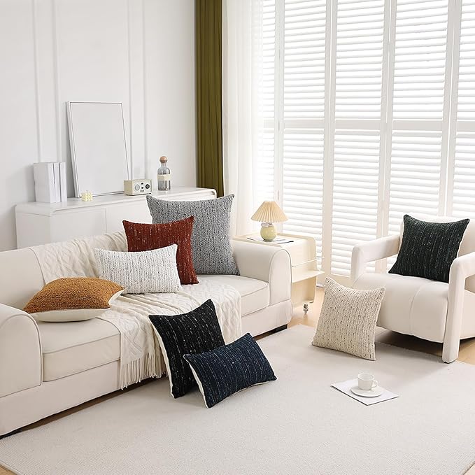 Textured Boucle Pillow Covers 24x24 Neutral Striped Throw Pillows Soft Modern Farmhouse Pillow Cases, 1pc Decorative Accent Square Couch Cushion Cover for Bed Sofa Chair, Cream Brulee