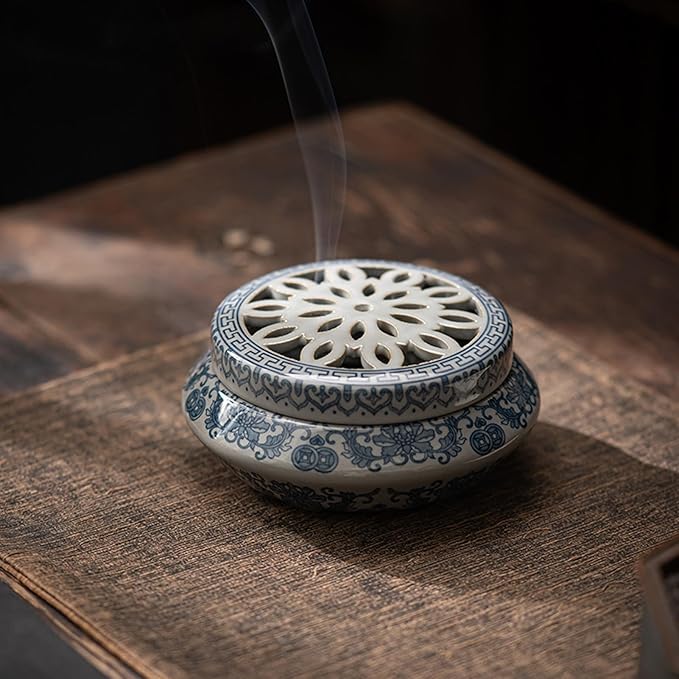 Coil Incense Holder Blue and White Porcelain Incense Cone Burner Spherical Shape for Coil Incense and Incense Cone Set for Office Yoga and Livingroom Decor Home (Width-4.66)