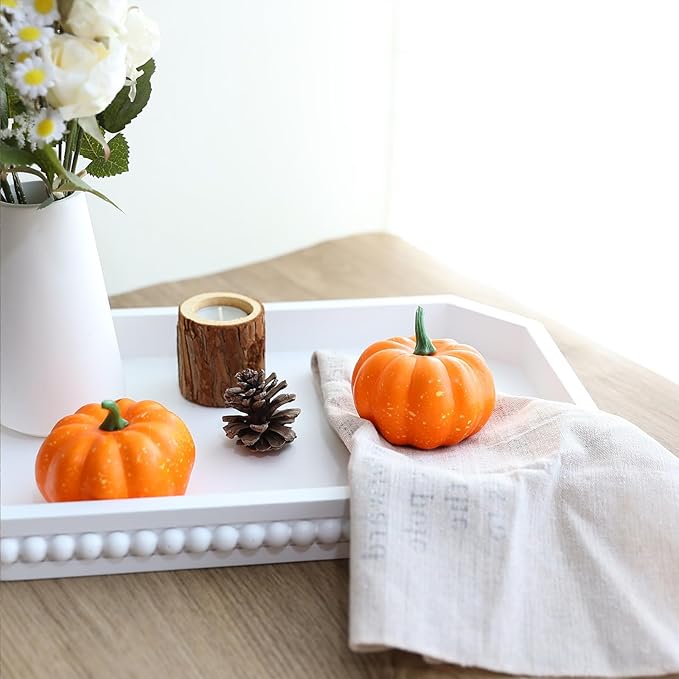 White Wood Serving Tray with Beads, Farmhouse Decorative Tray for Table Centerpiece, Christmas Wedding Halloween Home Decor