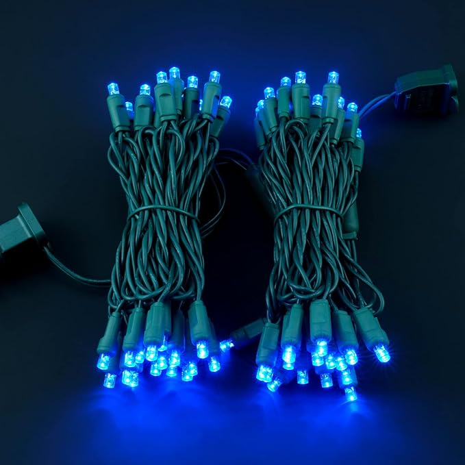 YULETIME Blue 5MM LED Christmas Lights, 33 ft 100 Count 4" Spacing One-Piece High Waterproof Wide Angle UL Certified String Light (Blue - Green Wire)