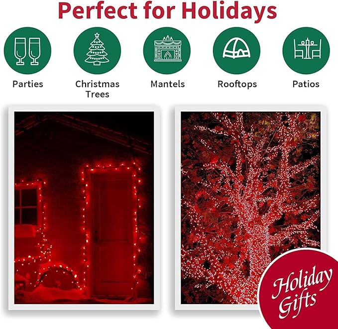 LAMPHOME 33ft Christmas Decorative Mini Lights, 100 LED Green Wire Fairy Starry String Lights Plug in, 11 Lighting Modes, for Indoor Outdoor Xmas Tree Wedding Party Decoration (Red)