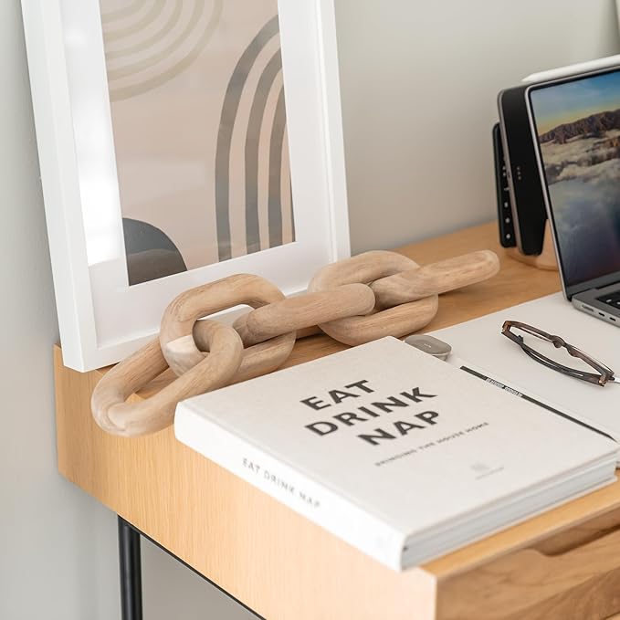 Book Shelf Decor Items - Acacia Wood Chain Link Decor, Coffee Table Accessories, Bookshelf Decors, Sculpture for Shelves, Wooden Decorative Objects, Link Ornament, Living Room Accents