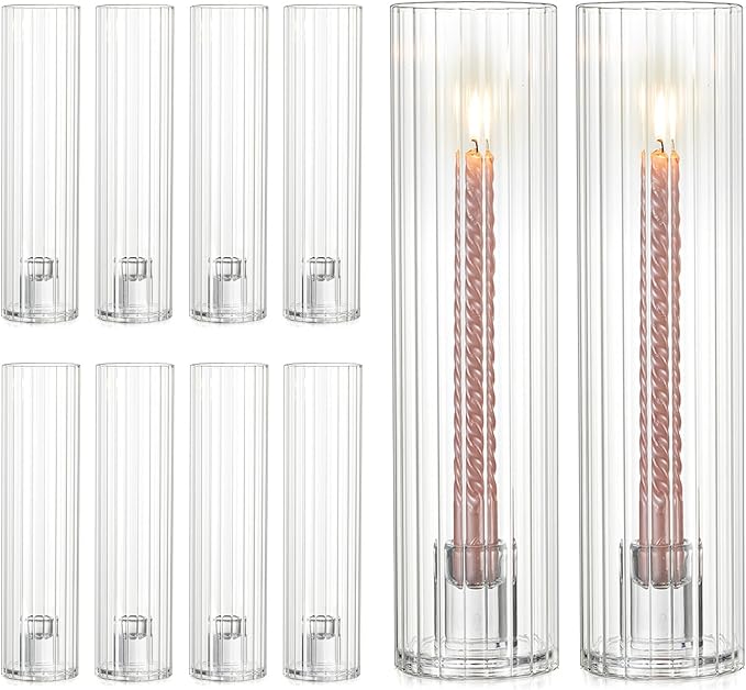 NUPTIO Fluted Candle Holder Set: Bulk Hurricane Candlestick Holders with Ribbed Glass Cylinder Sleeve - Set of 10 Tapere Candle Stick Stand for Fall Thanksgiving Christmas Decor