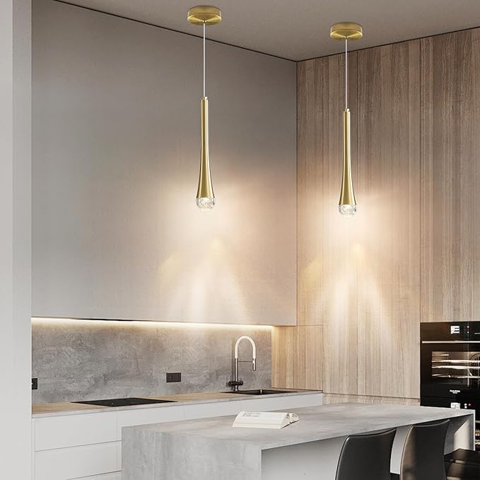 Modern Gold LED Pendant Light, Kitchen Island Ceiling Hanging Lights, Teardrop Bubble Crystal, 3 Color 2700K/4500K/6500K, Bedside Small Chandeliers Lamps for Bar, Dining Room, Bathroom, Hallway