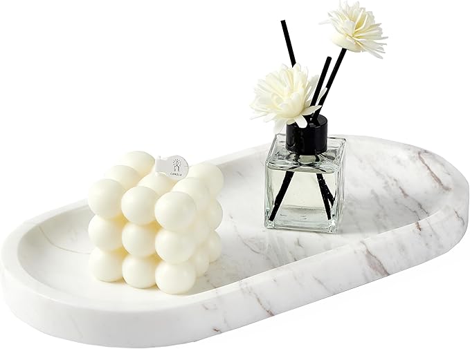 Denique Natural Marble Bathroom Tray, 12"x6" Vanity Tray White Marble Decorative Tray, Countertop Organizer for Perfume & Candles, Jewelry Dish Ring Holder for Bathroom Counter, Vanity, Dresser