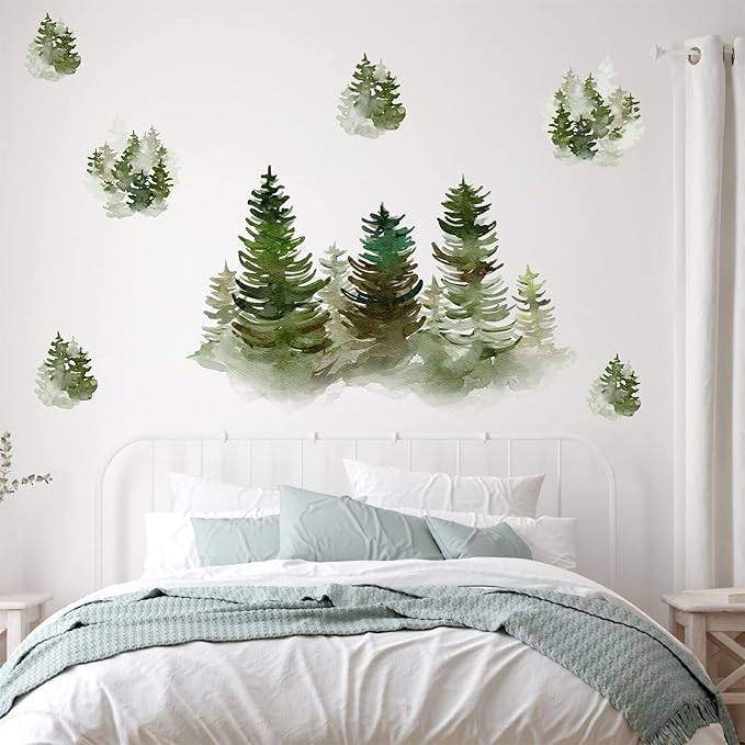 Watercolor Pine Tree Wall Decals Peel and Stick Large Tree Wall Sticker Trees Branches Wall Decal Forest Trees Wall Stickers for Living Room Bedroom Woodland Nursery Decor