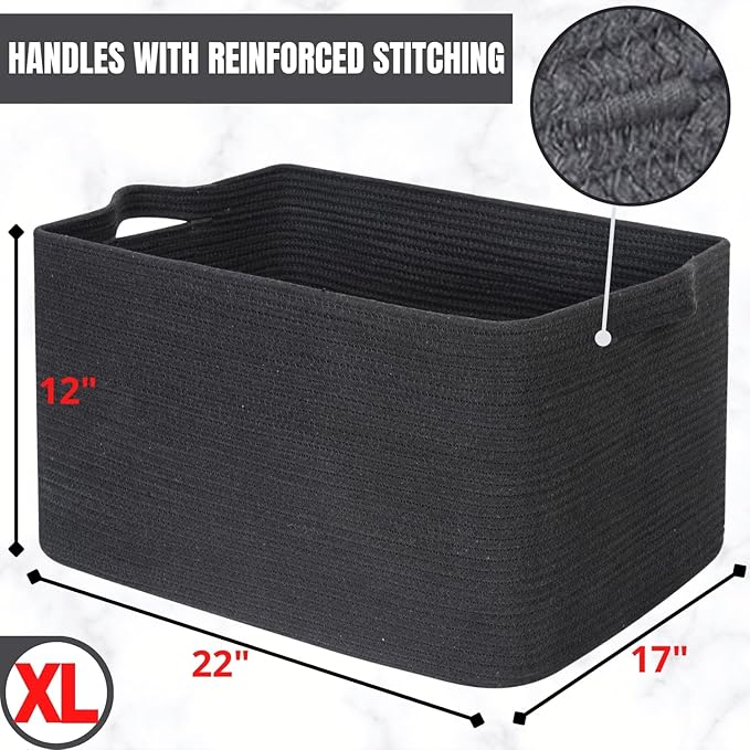MINTWOOD Design 22in Extra Large Blanket Basket Holder Living Room, Rectangle Rope Woven Storage Basket with Handles for Laundry, Pool Towels, and Shoes, Dog Toy Organizer Bin Box, Charcoal