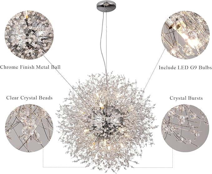Modern Crystal Chandeliers, Dandelion Beaded Lighting, Sputnik 16-Light Chrome Hanging Lamp, Round Firework Pendant Light for Dining Room Living Room Kitchen Island Bedroom (Chrome, D25.5inch)