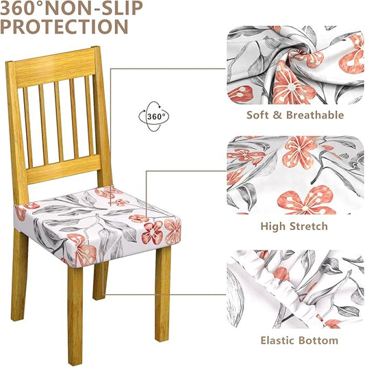Stretch Dining Chair Seat Covers Set of 6,Dining Chair Slipcovers, Floral Printed Chair Covers,Soft Fabric Washable Upholstered Chair Seat Protector, No Rear Covers for Home Kitchen Dining Room