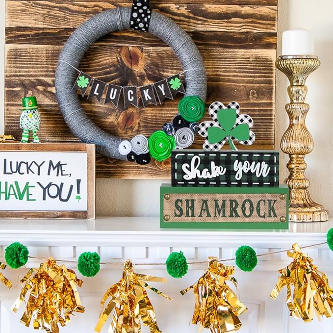 St Patricks Day Decorations, MEETYAMOR 3-Layered Shamrock Wood Block St Patricks Day Decor, Shamrock Ornaments Shake Your SHAMROCK Sign Saint Patricks Day Decorations for the Home, Table, Mantel