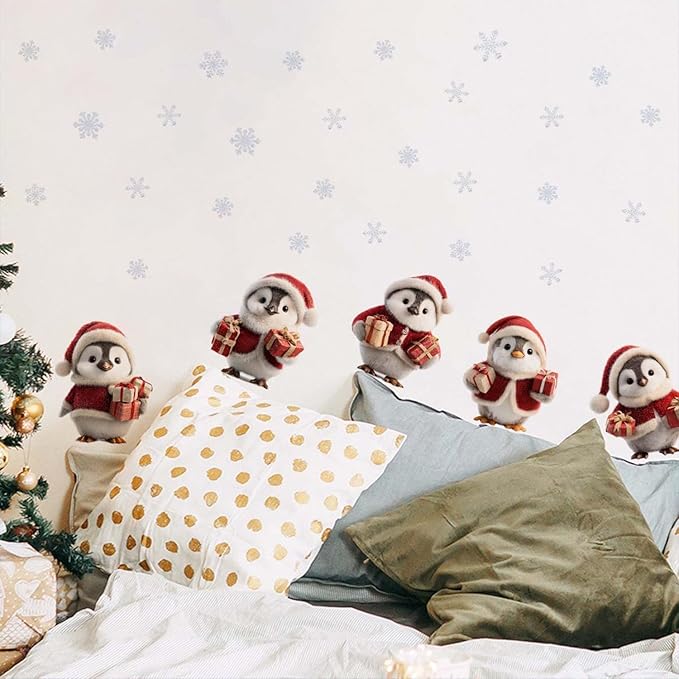 Christmas Penguin Wall Decals | Peel and Stick Holiday Decorations with Santa Hats & Gifts – Removable Vinyl Stickers for Walls, Windows, Office, Living Room, and Winter Seasonal Décor