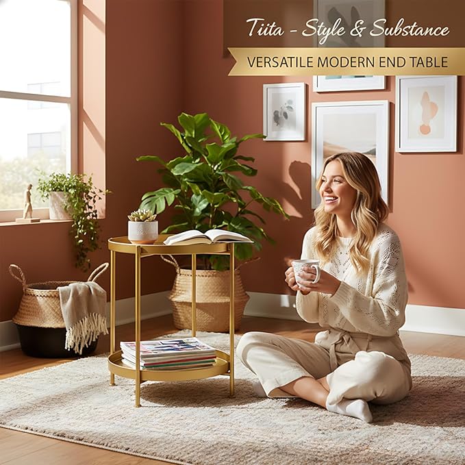 Tiita 2 Pack Round End Table Mental Side Table Nightstand/Small Wood Tables Accent Coffee Table with Wooden Tray for Living Room Bedroom Office Small Space