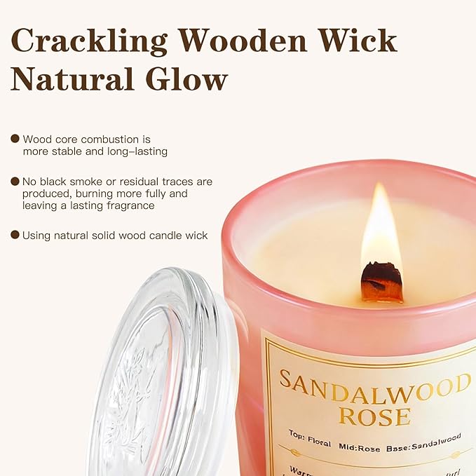 2 Pack Candles for Home Scented,Wood Wick Sandalwood Rose Scented Candle,22.6 oz 150 Hour Long Burning Lasting, Natural Soy Wax Candles Gifts Set,for Christmas Day