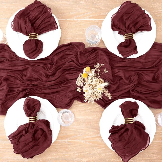 MLMC 8 Pack Burgundy Cheesecloth Table Runner Boho Rustic Gauze Fall Wine Red Cheese Cloth Table Runner Cheese Cloth Decor 35x120 Inches for Wedding Winter Reception Christmas Home Decor