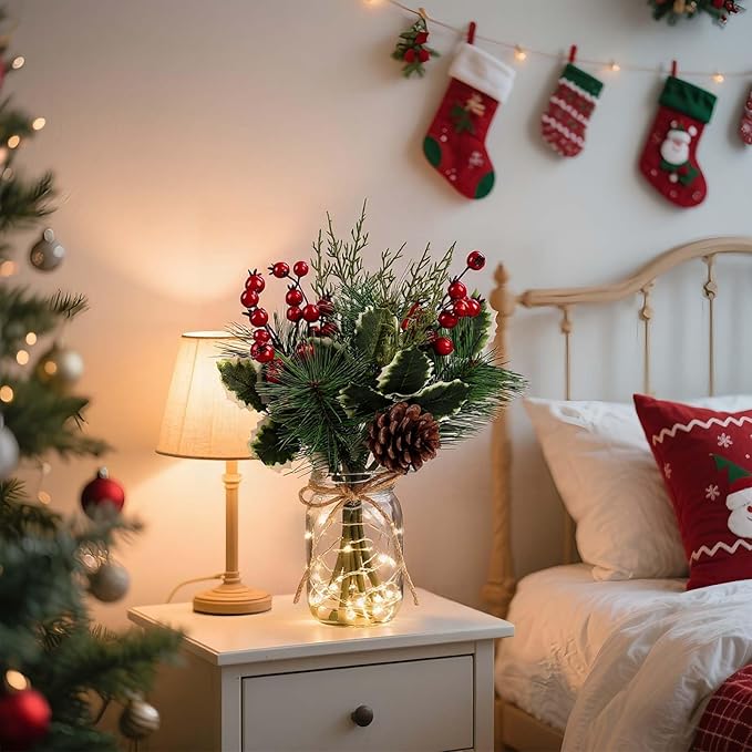 Christmas Artificial Flowers with Vase, Small Christmas Decorations with Pine Branches Red Berry Stems, Greenery Decorations Pines Stem with Cones Holly Berry Leaves for Xmas Home Holiday Season Decor